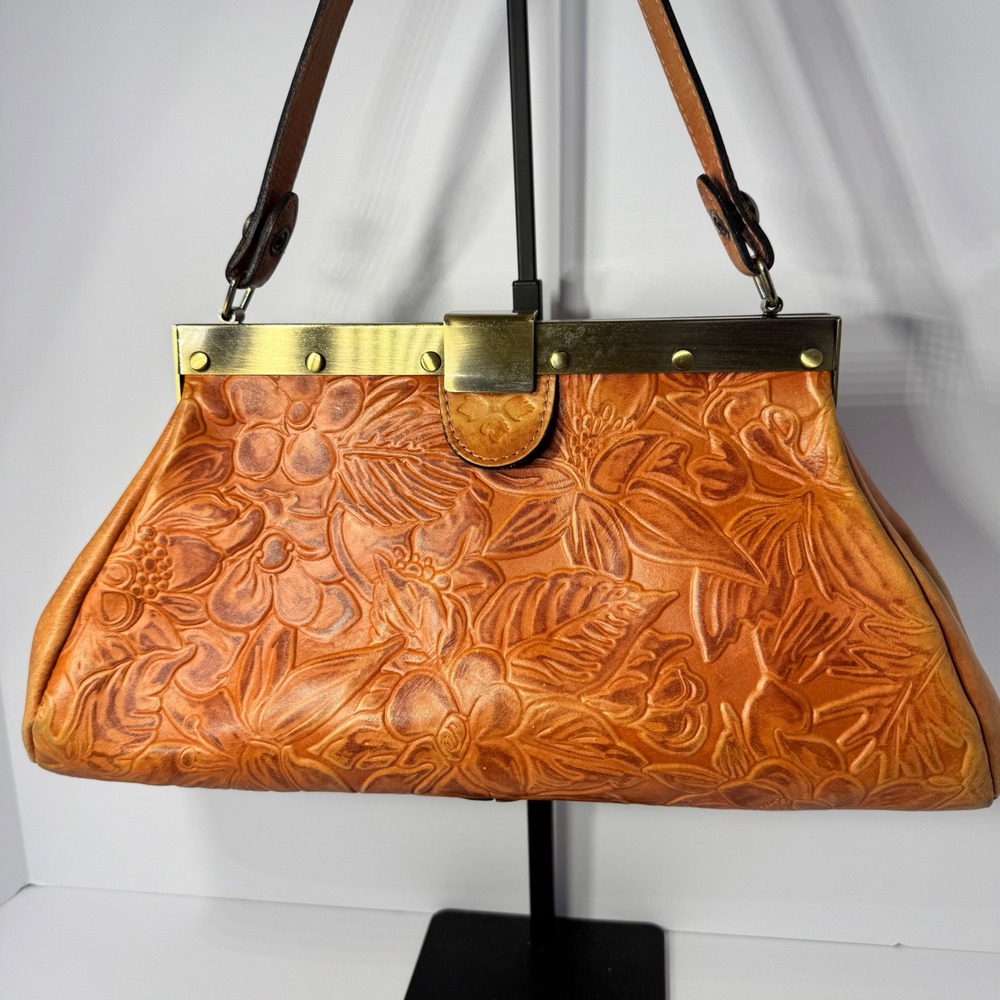 Patricia Nash Ferrara Frame Satchel Bag Tan Floral Embossed Genuine Leather - Picture 3 of 16